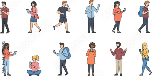 Vector illustration of diverse people using mobile phones and tablets in everyday activities, walking, sitting, and traveling