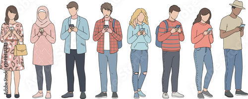 Vector illustration of eight diverse people engrossed in smartphones representing modern digital lifestyle and social habits