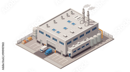 Modern industrial factory building with trucks and smokestacks, representing manufacturing and logistics in a contemporary setting