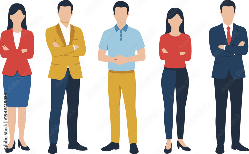 Fototapeta premium Vector illustration of five business professionals in diverse attire and postures representing workplace roles and corporate diversity