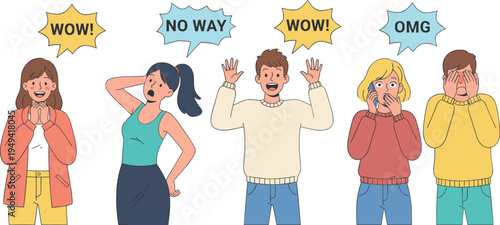 Vector illustration of five diverse people expressing surprise and amazement with speech bubbles saying WOW, OMG, and NO WAY