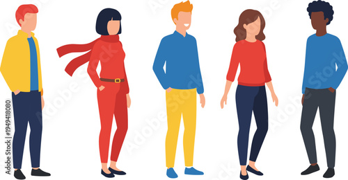 Vector illustration of five diverse people in colorful modern outfits showcasing individuality, fashion, and group character design