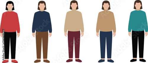 Vector illustration of five diverse people in colorful outfits showcasing clothing combinations and casual fashion styles
