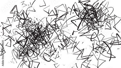 Chaotic cluster of fine black scribbles and angular geometric shapes creates a messy abstract background element on white.