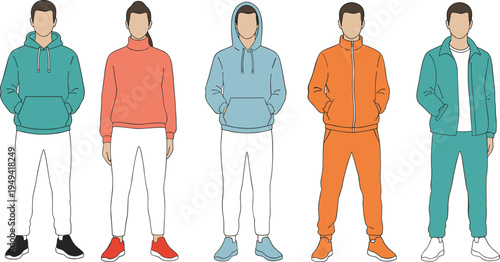 Vector illustration of five stylish individuals in colorful casual sportswear outfits including hoodies, sweatshirts, and track jackets