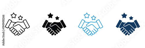 Handshake With Stars Pictogram Icon Set, Best Partnership and Client Review Symbols for Business Communication, Support and Collaboration Concept, Editable Stroke Line and Silhouette