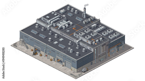 Isometric illustration of a large industrial building with ventilation systems and multiple roof structures