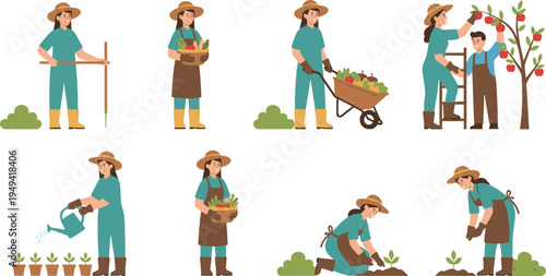 Vector illustration of people gardening with tools, planting, watering, harvesting fruits and vegetables in outdoor nature scenes