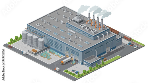 A detailed isometric illustration of a modern industrial factory with trucks, silos, and smokestacks, showcasing manufacturing and production processes
