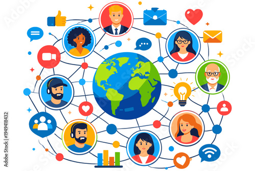 Digital Communication Network with Social Media Icons and Connected Web Dots Technology Concept