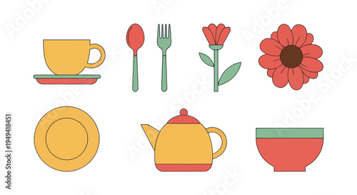 Colorful kitchenware and floral illustration