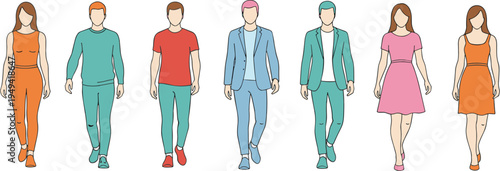 Cartoon diverse people walking illustration with colorful casual and semi‑formal outfits for lifestyle and fashion design