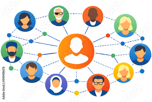 People Linked in Web Network Diagram with Technology Background Concept