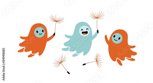 friendly ghost-like spirits drifting through the air and catching dandelion seeds. Rendered in a clean, modern aesthetic with a vibrant orange and soft teal color palette, these whimsical characters 
