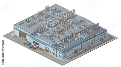 Isometric view of a modern industrial factory building with loading docks and trucks, representing manufacturing and logistics operations