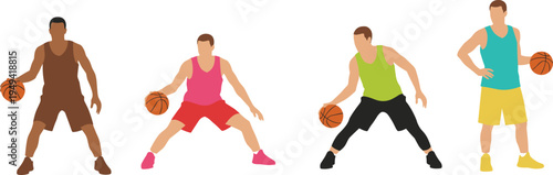 Dynamic vector illustration of four basketball players in colorful uniforms posing with ball, dribbling, and standing confidently