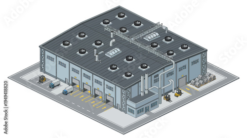 Isometric industrial warehouse building with loading docks and forklifts in a clean, modern, and functional design for logistics and distribution