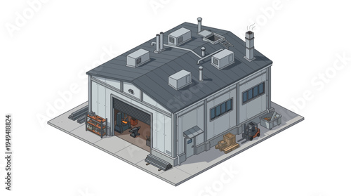 Isometric view of a modern industrial building with a large garage door and forklifts inside, symbolizing manufacturing and logistics