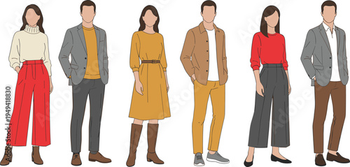 Modern vector illustration of six fashionable men and women in stylish semi-formal outfits with coordinated colors and textures