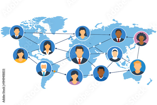 global communication network,
World Map Social Network with People Nodes and Digital Connection Lines