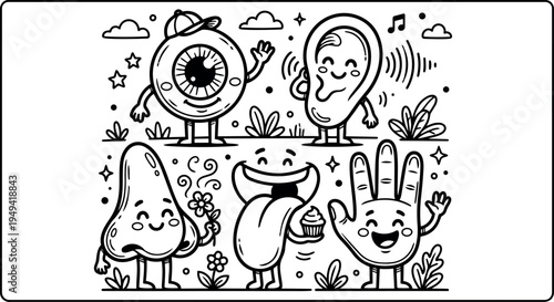 Playful black and white line art cartoon characters showing eye ear nose tongue and hand with friendly expressions and waving gestures