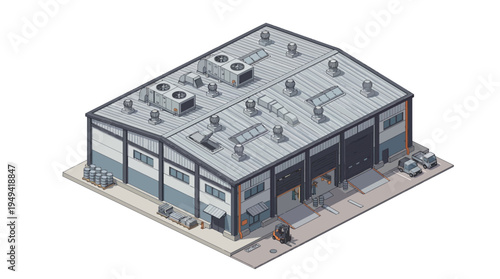 Isometric view of a modern industrial warehouse building with loading docks and vehicles