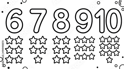 Black line art numbers six seven eight nine ten with star rating symbols in flat design style on white background