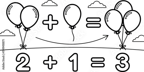Black and white vector art showing addition math balloons two plus one equals three with clouds and curved arrow illustration