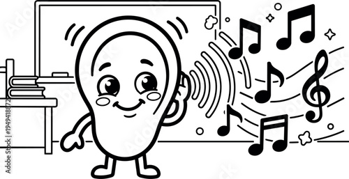 Cute cartoon ear character listening to music notes with sound waves in classroom background vector art line style illustration