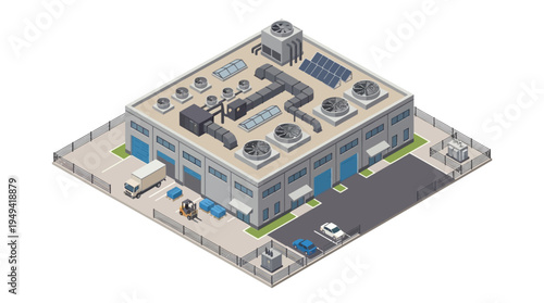 Isometric industrial building exterior with loading docks, vehicles, solar panels, and HVAC equipment, representing logistics and manufacturing