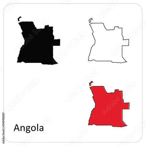 Angola map vector set geographic country shape in black, outline, and color isolated