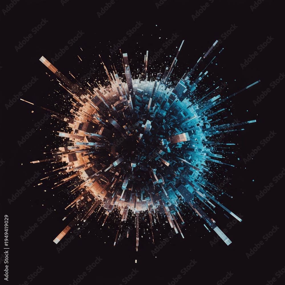 Fototapeta premium A complex digital abstract background showing geometric structures breaking down into chaotic static and noise, illustrating systemic energy loss, broken, noise, loss
