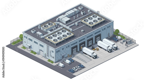 Isometric illustration of a modern warehouse building with loading docks and trucks, showcasing logistics and industrial operations in a clear, stylized depiction
