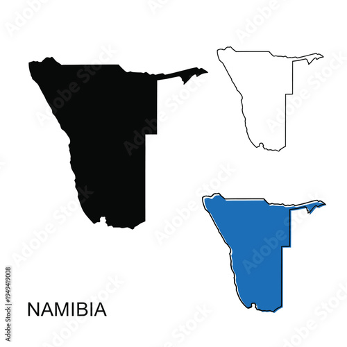 Namibia map vector set geographic country shape in black, outline, and color isolated