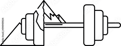 Minimalist line art icon symbolizing extreme fitness challenges combining strength training weightlifting with rugged mountain climbing adventure