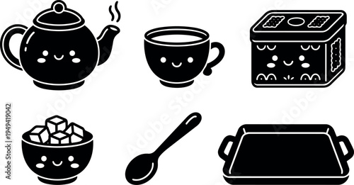 Cute smiling black teapot steam cup bowl sugar cubes spoon and tray vector icons with kawaii faces in simple flat style