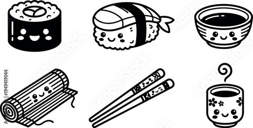Cute kawaii style sushi roll nigiri soy sauce bowl chopsticks tea cup set with happy faces vector art
