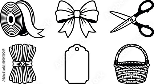 Black and white line art set of ribbon spool bow tied rope gift tag and woven basket icons collection