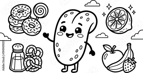 Cute smiling cartoon bean character surrounded by donuts lemon pretzels salt apple banana strawberry in landscape style