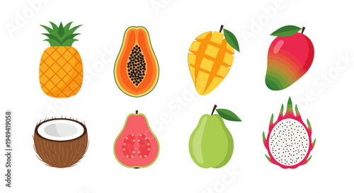 Colorful tropical fruit set on white