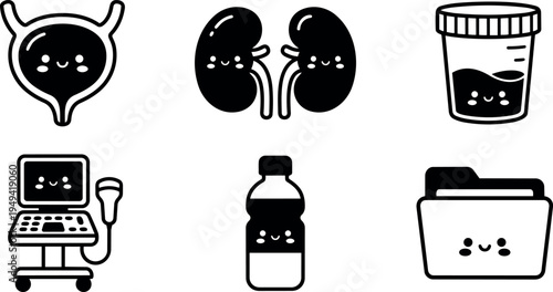 Cute black and white vector icons of smiling kidney bladder ultrasound machine urine sample bottle and file folder set