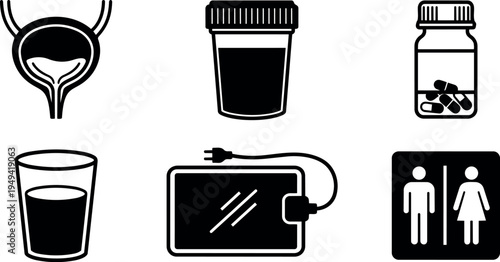 Black silhouette medical icon set includes urine bladder sample cup pill bottle glass of water electronic device human restroom signage