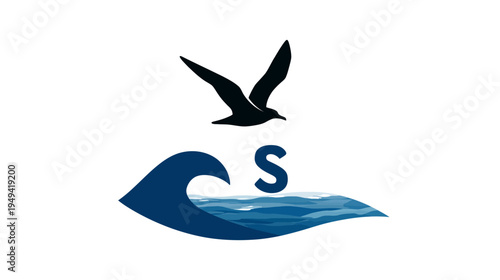 Stylized design featuring a seagull in flight above a wave motif and the letter "S.