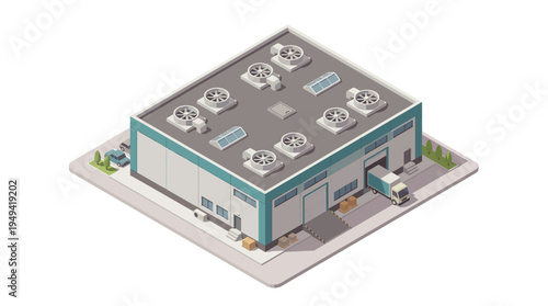 Modern isometric commercial warehouse building with loading dock and delivery truck, illustrating logistics and distribution