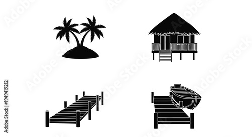 Tropical Beach Vacation Elements Icons Set Black and White Isolated
