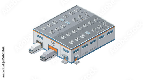 Isometric view of a modern logistics warehouse with loading docks and trucks, representing efficient distribution and supply chain management