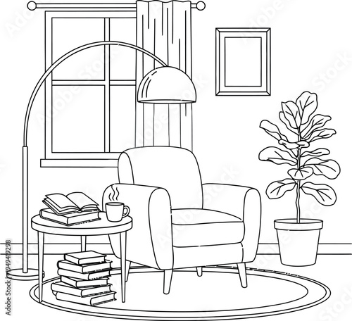 Cozy interior design line art with a comfortable armchair, side table with books, steaming mug, and floor lamp by a window, perfect for reading.