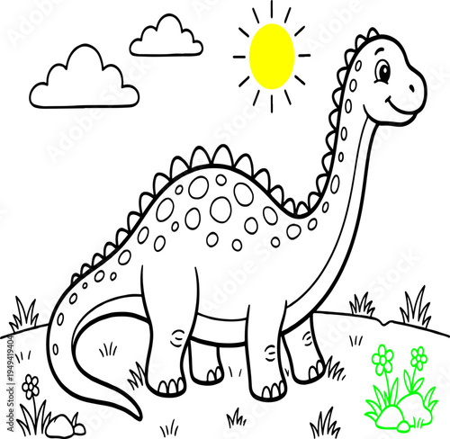 Cute Brontosaurus Dinosaur Coloring Page Vector Illustration for Kids Activity, Education, and Creative Design Projects with Sun and Clouds