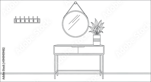Clean line art illustration depicts modern minimalist entryway furniture and decor, featuring a console table, round mirror, potted plant, and a wall-mounted coat rack.