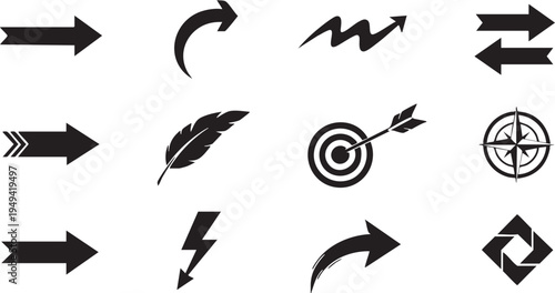 Collection of various black and white icons including arrows symbols and targets